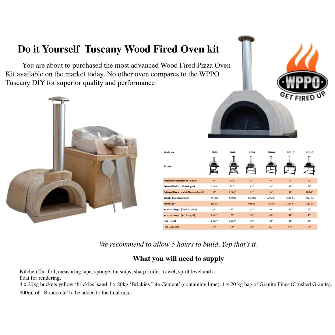 Tuscany DIY Wood-Fired Oven measurements 50Dx39Wx25H